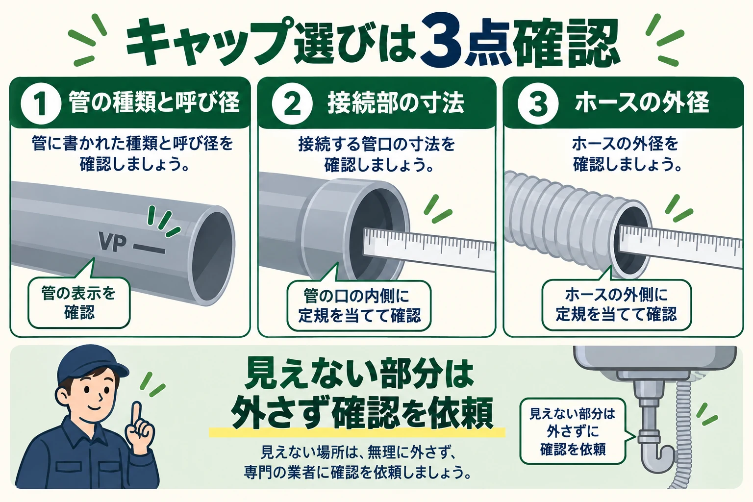 排水パイプの種類、接続部寸法、ホース外径を記録する図