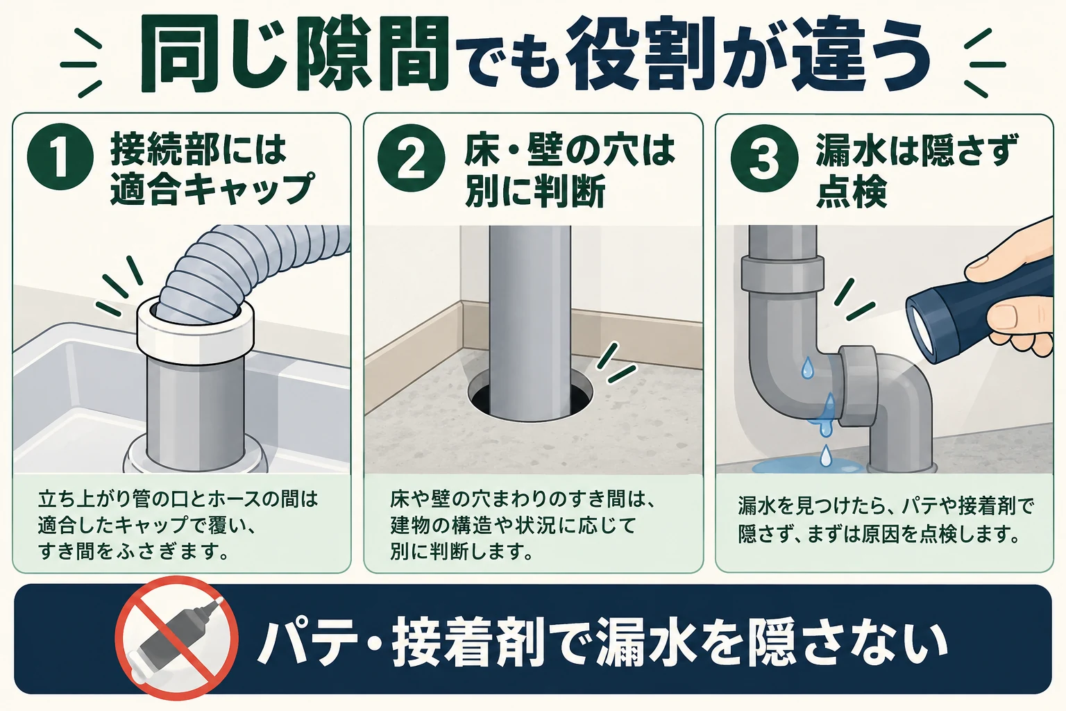 防臭キャップ、パテ、シーラントの用途を分ける図