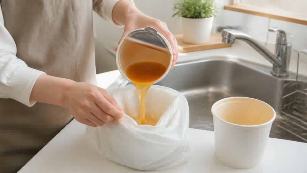 キッチンでカップ麺の汁を排水口に流すイメージ