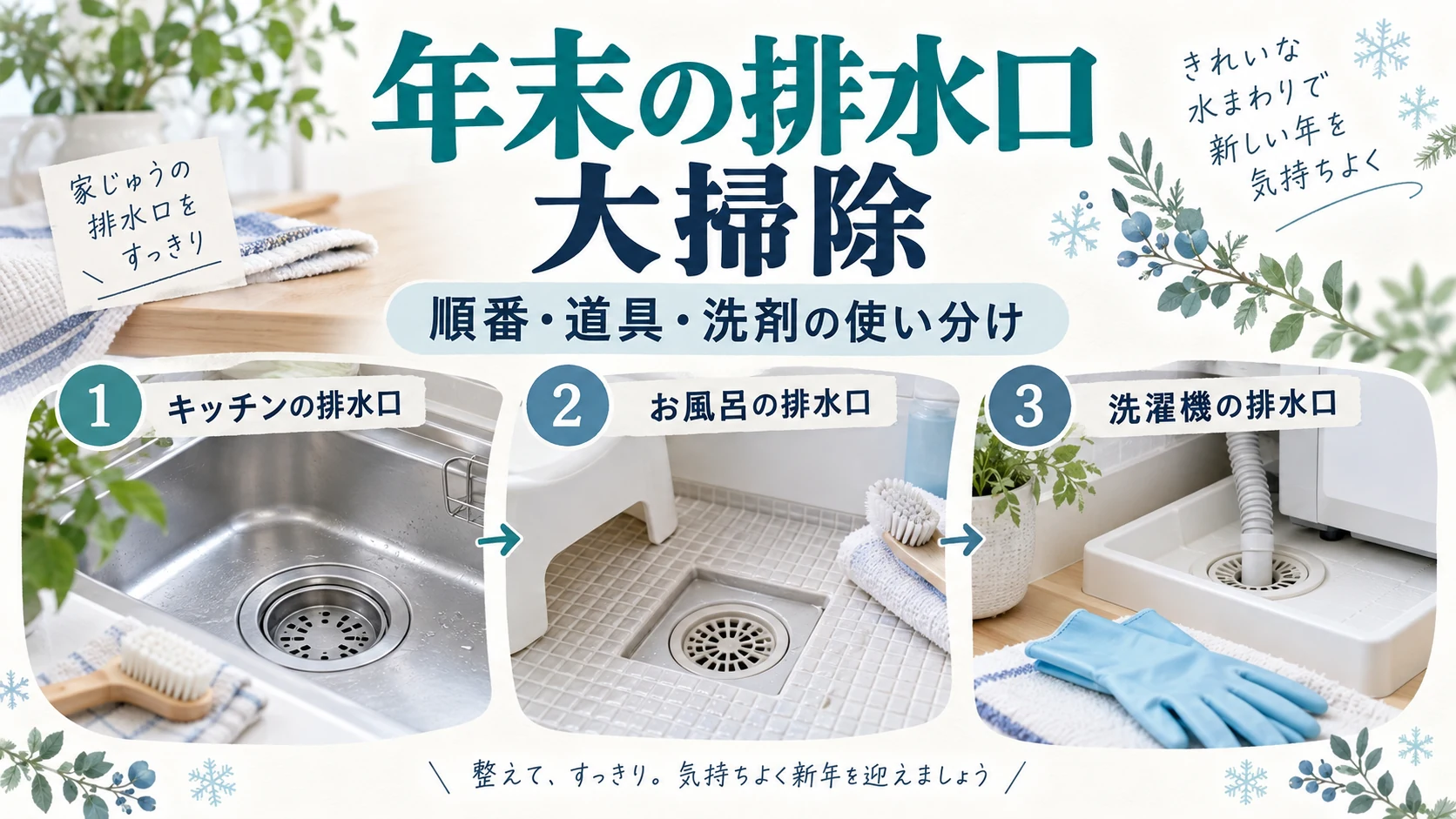 年末の排水口大掃除はどこから？キッチン・浴室・洗濯機の安全な確認順