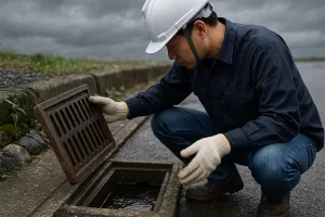 台風前の排水管点検