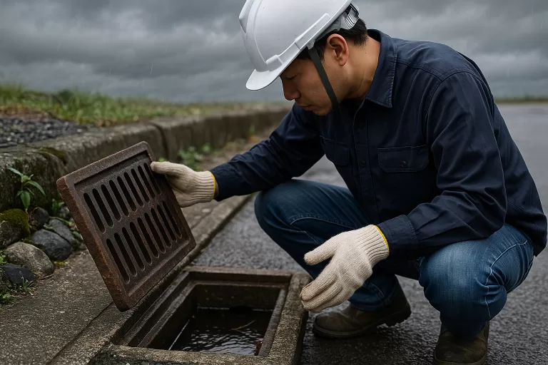 台風前の排水管点検