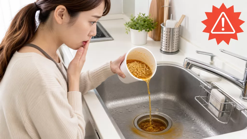 カップラーメンの汁を排水口へ流してしまった時のイメージ