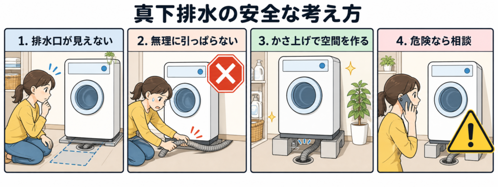 排水口が見えない時に無理に引っぱらず、かさ上げで空間を作り、危険なら相談する流れを示す4コマ画像
