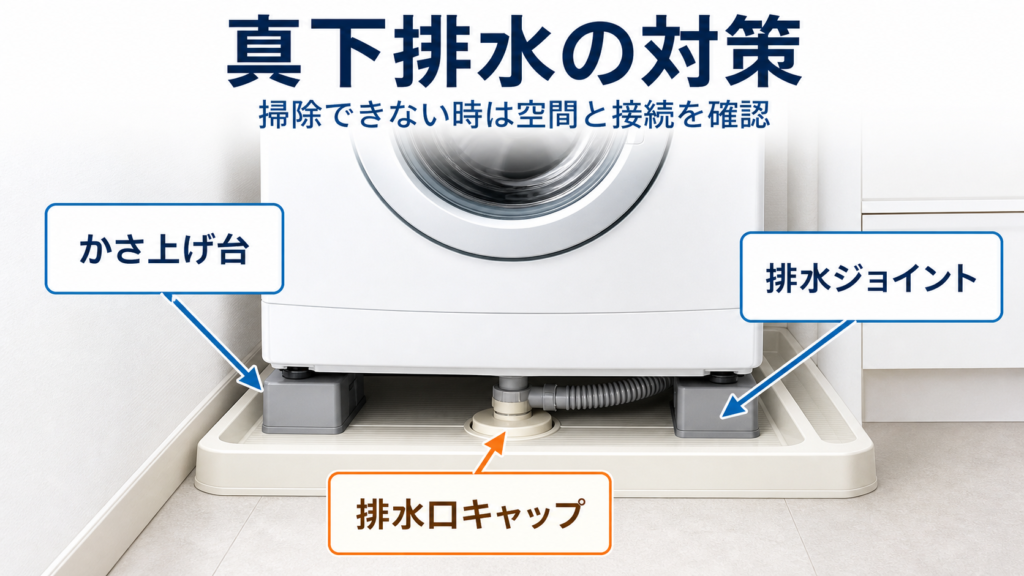 洗濯機の真下排水でかさ上げ台、排水ジョイント、排水口キャップを確認する説明画像