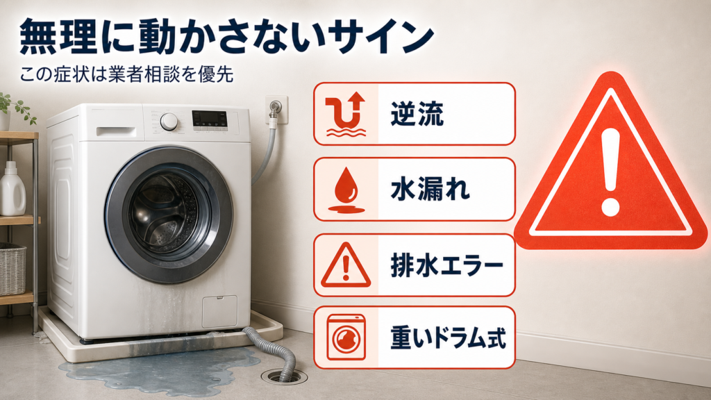 逆流、水漏れ、排水エラー、重いドラム式は無理に動かさない方がよいことを示す警告画像