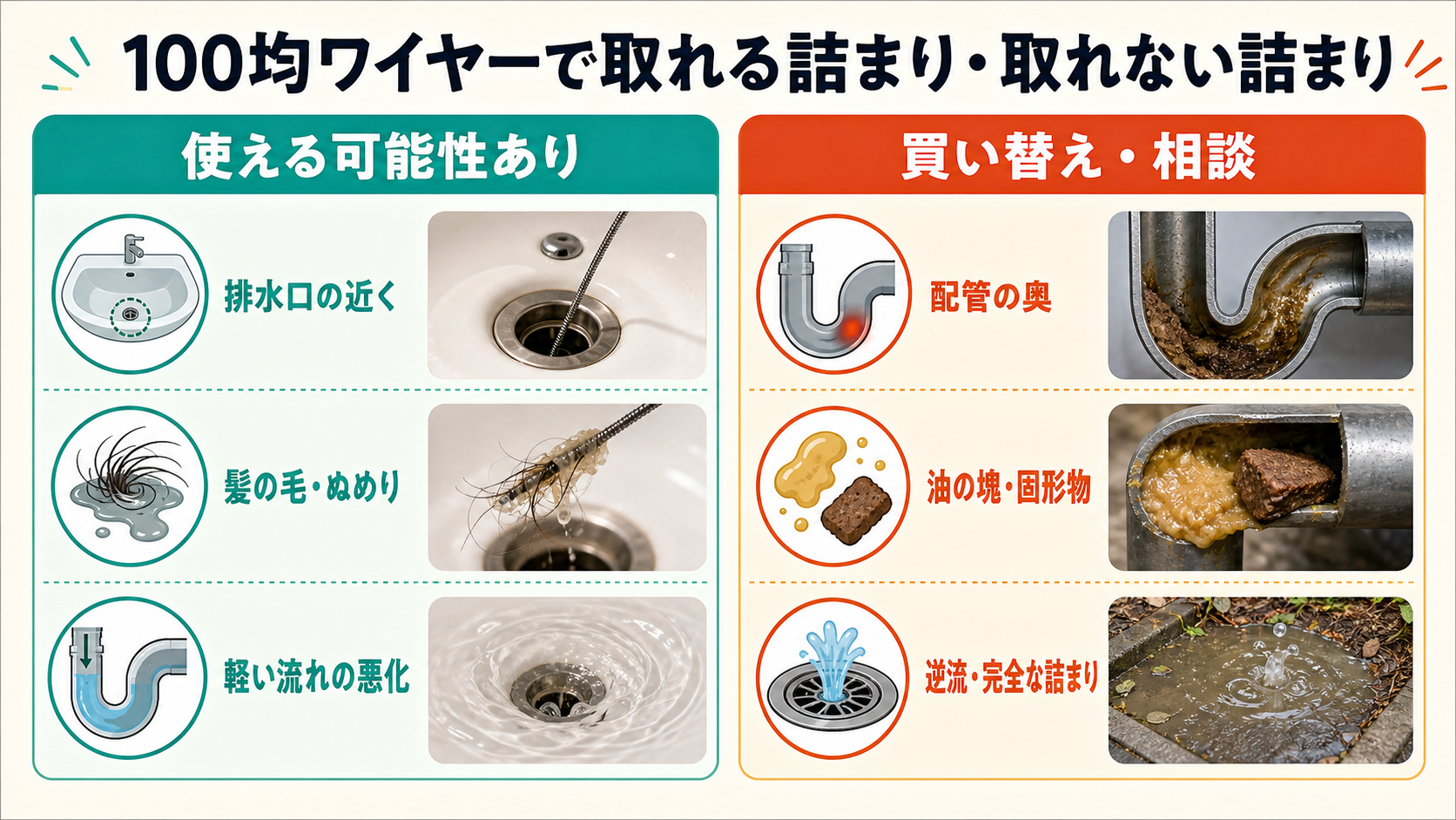 100均ワイヤーで取れる詰まりと取れない詰まりの比較図