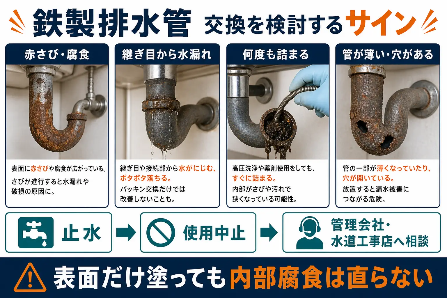 鉄製排水管の交換を検討するサイン