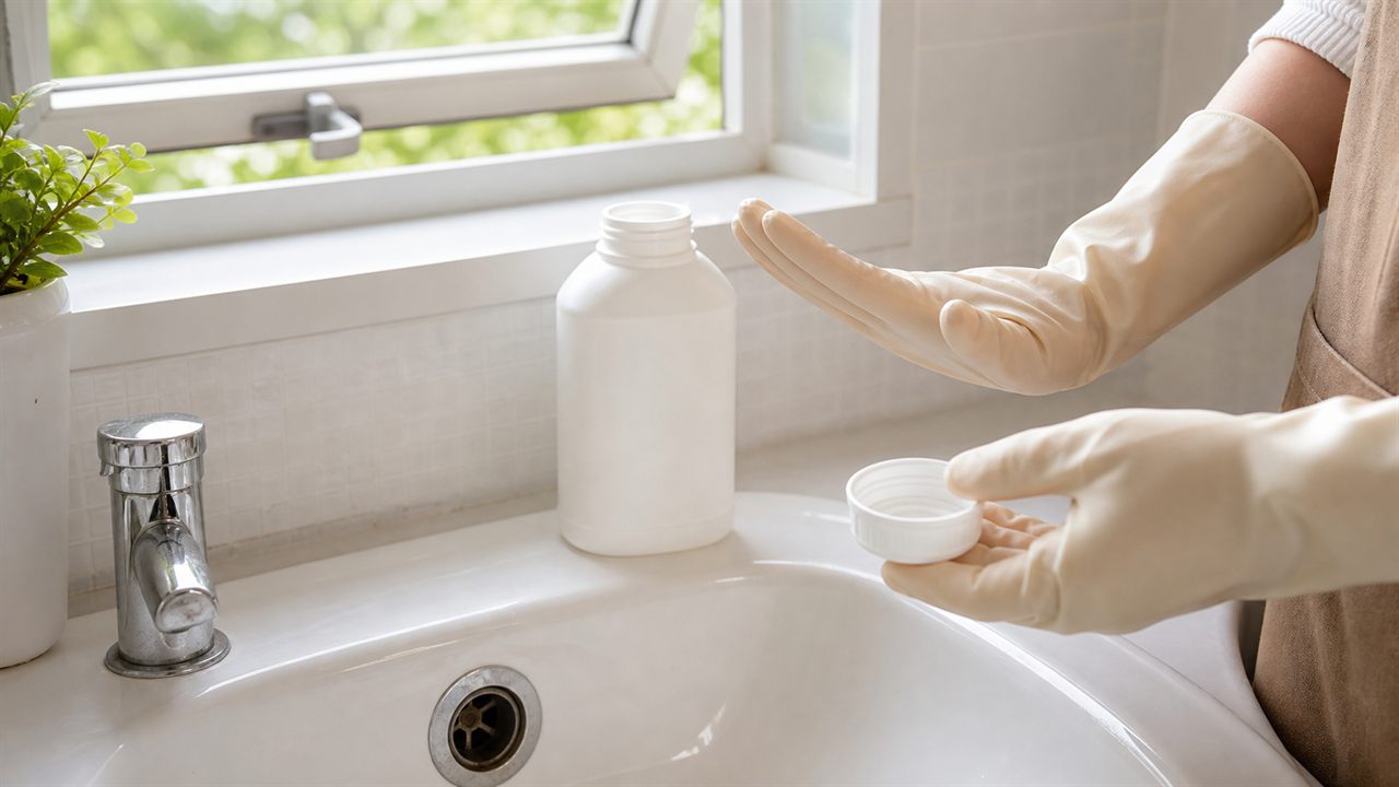 排水口洗浄剤を安全に使うための換気と手袋のイメージ