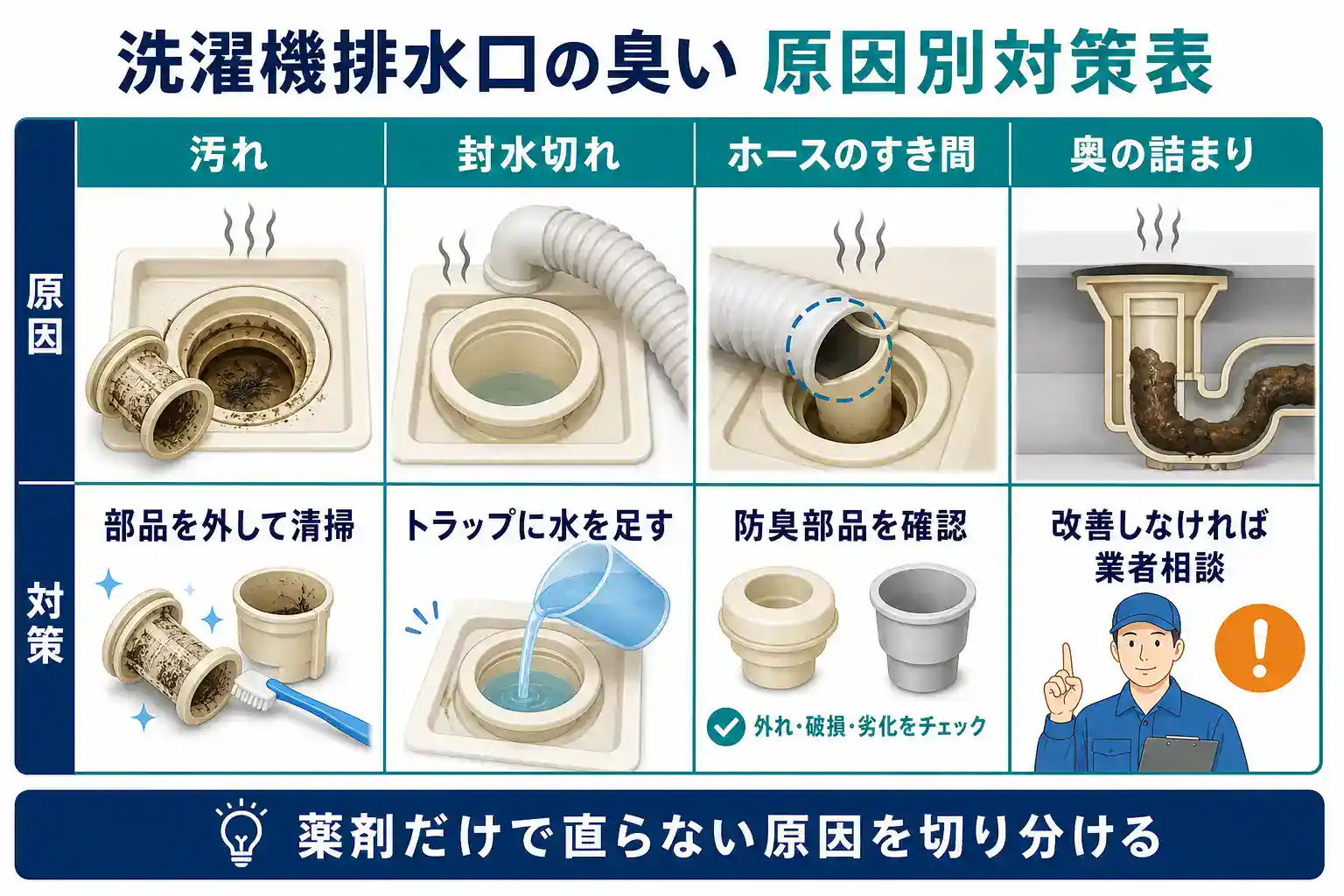洗濯機排水口の臭い原因別対策表