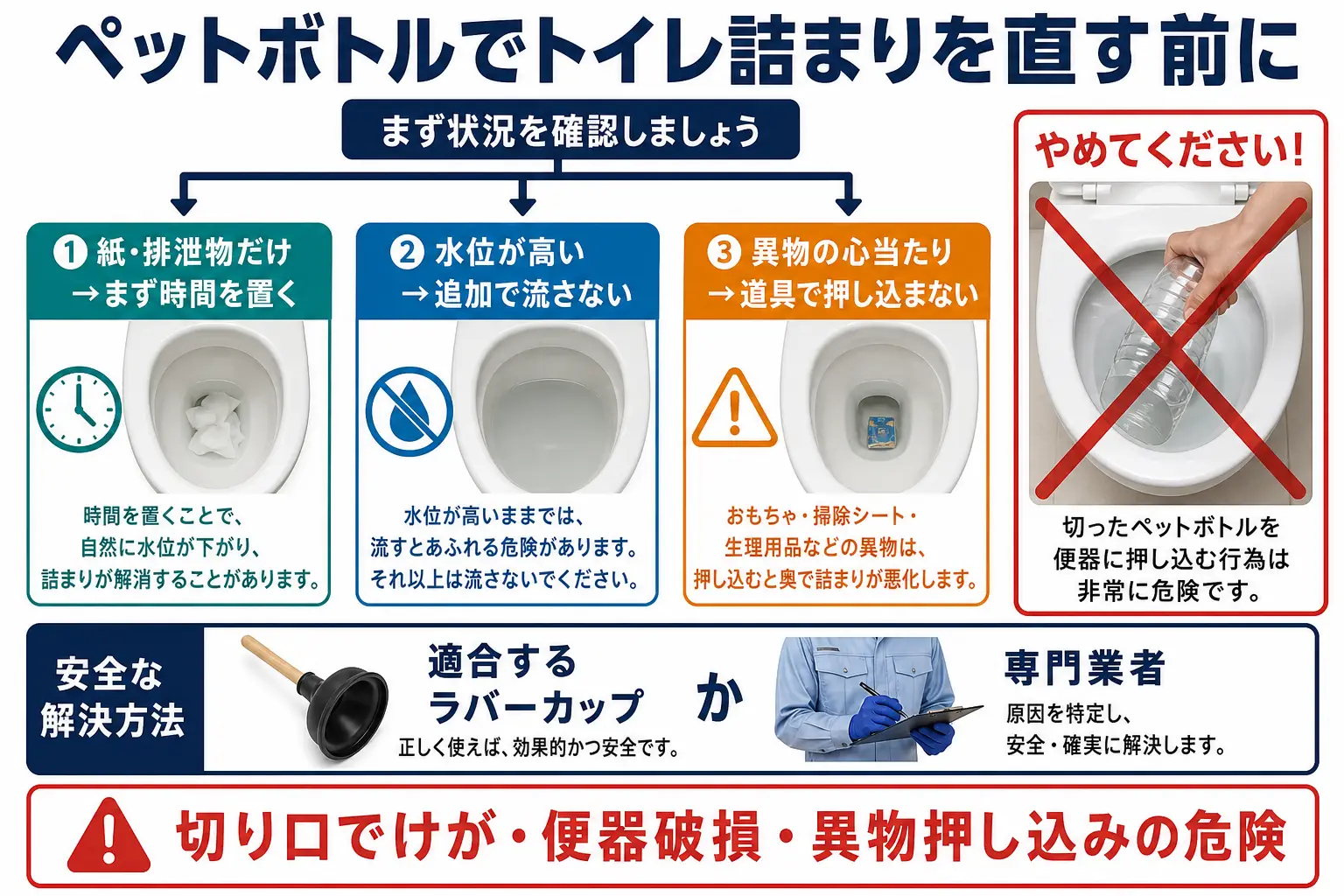 ペットボトルでトイレ詰まりを直す前の安全確認