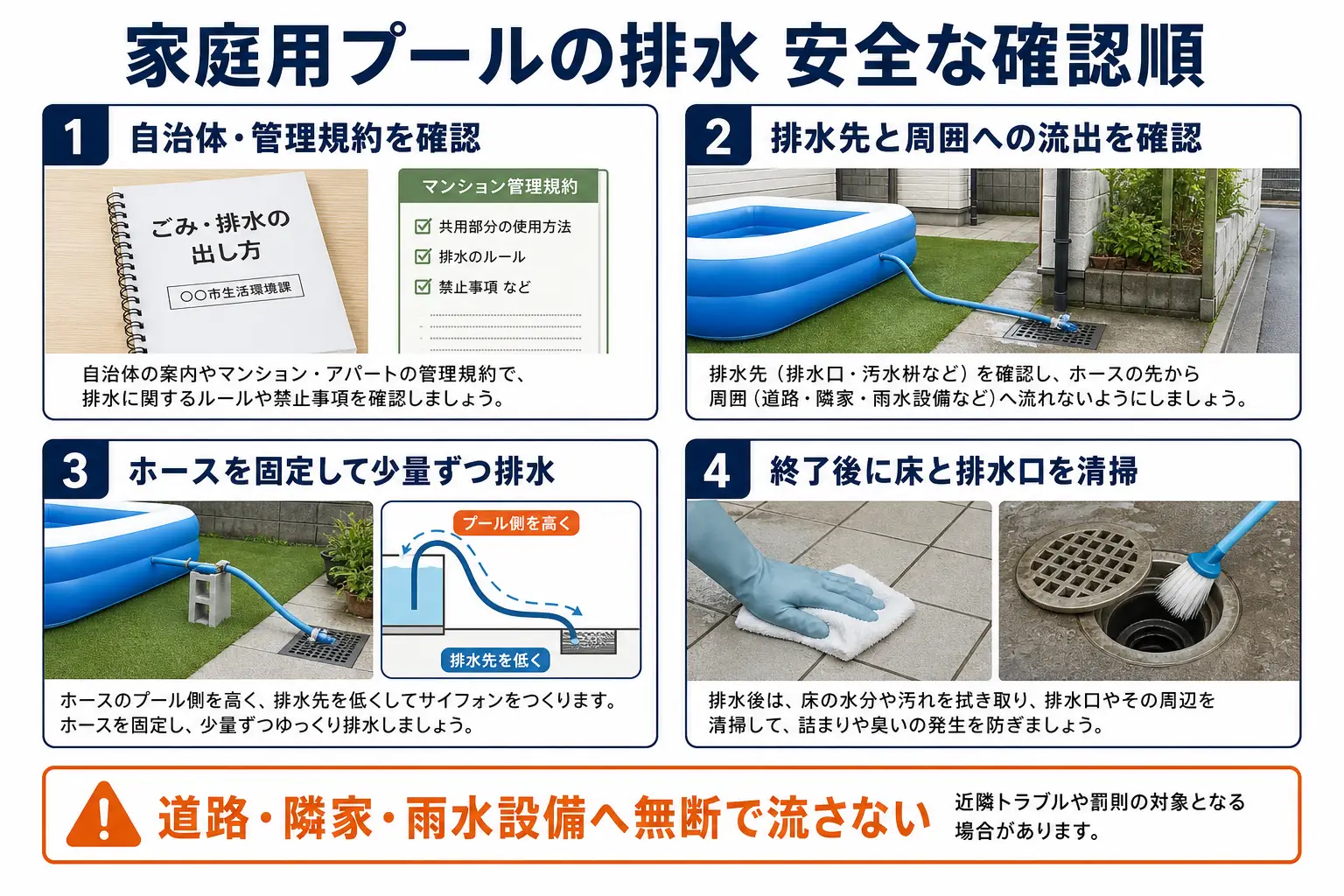 家庭用プールを安全に排水する確認順
