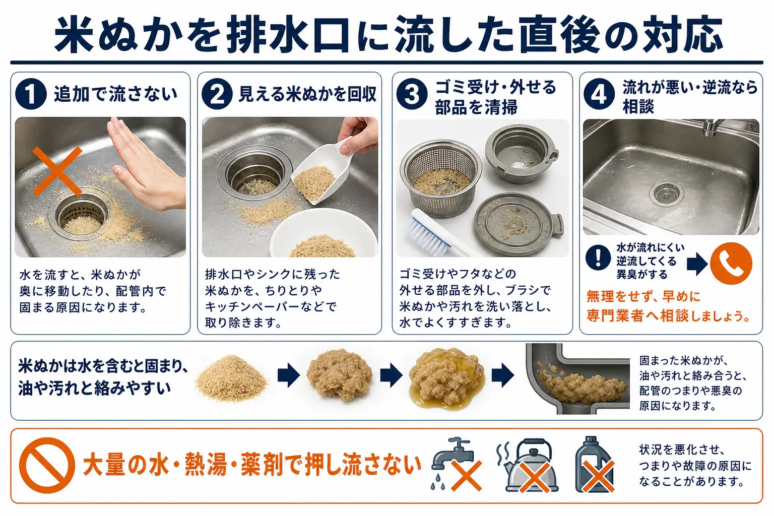 米ぬかを排水口に流した直後の対応