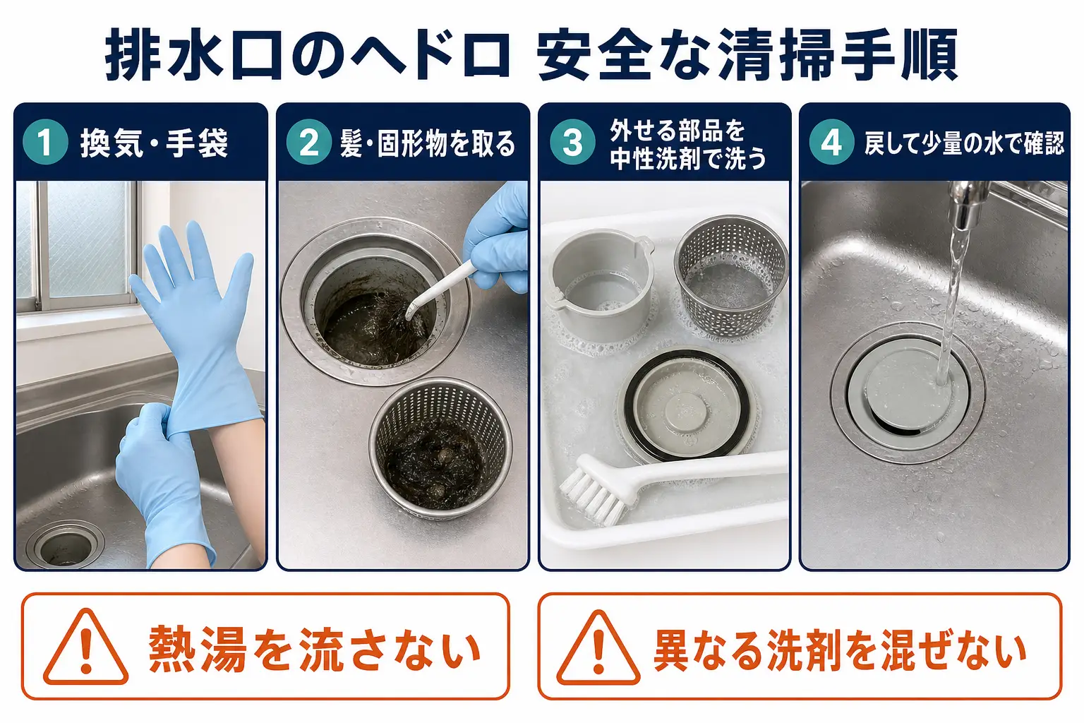 排水口のヘドロを安全に清掃する手順