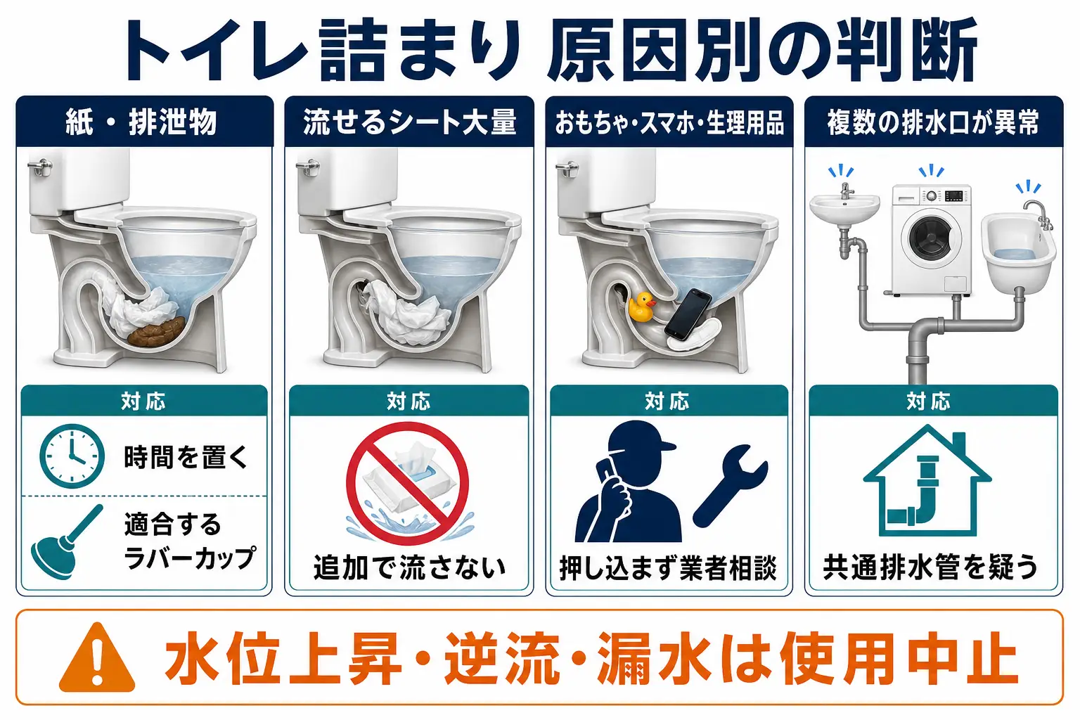 トイレ詰まりの原因別判断