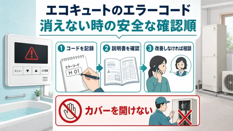 エコキュートのエラーコードが消えない時の安全な確認順を示した図解