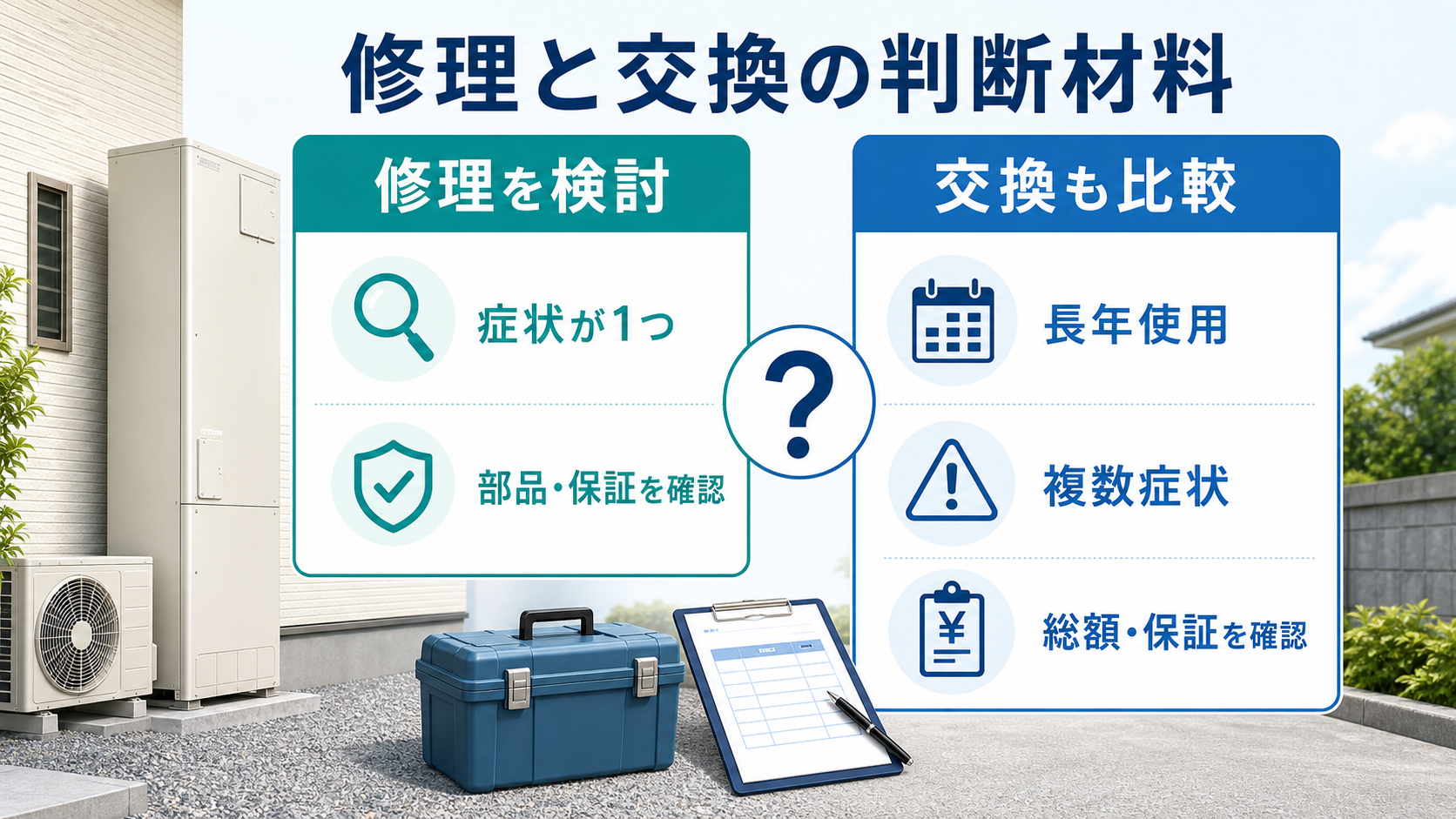 エコキュートを修理か交換か判断するための症状・保証・使用年数の確認項目を示す図解