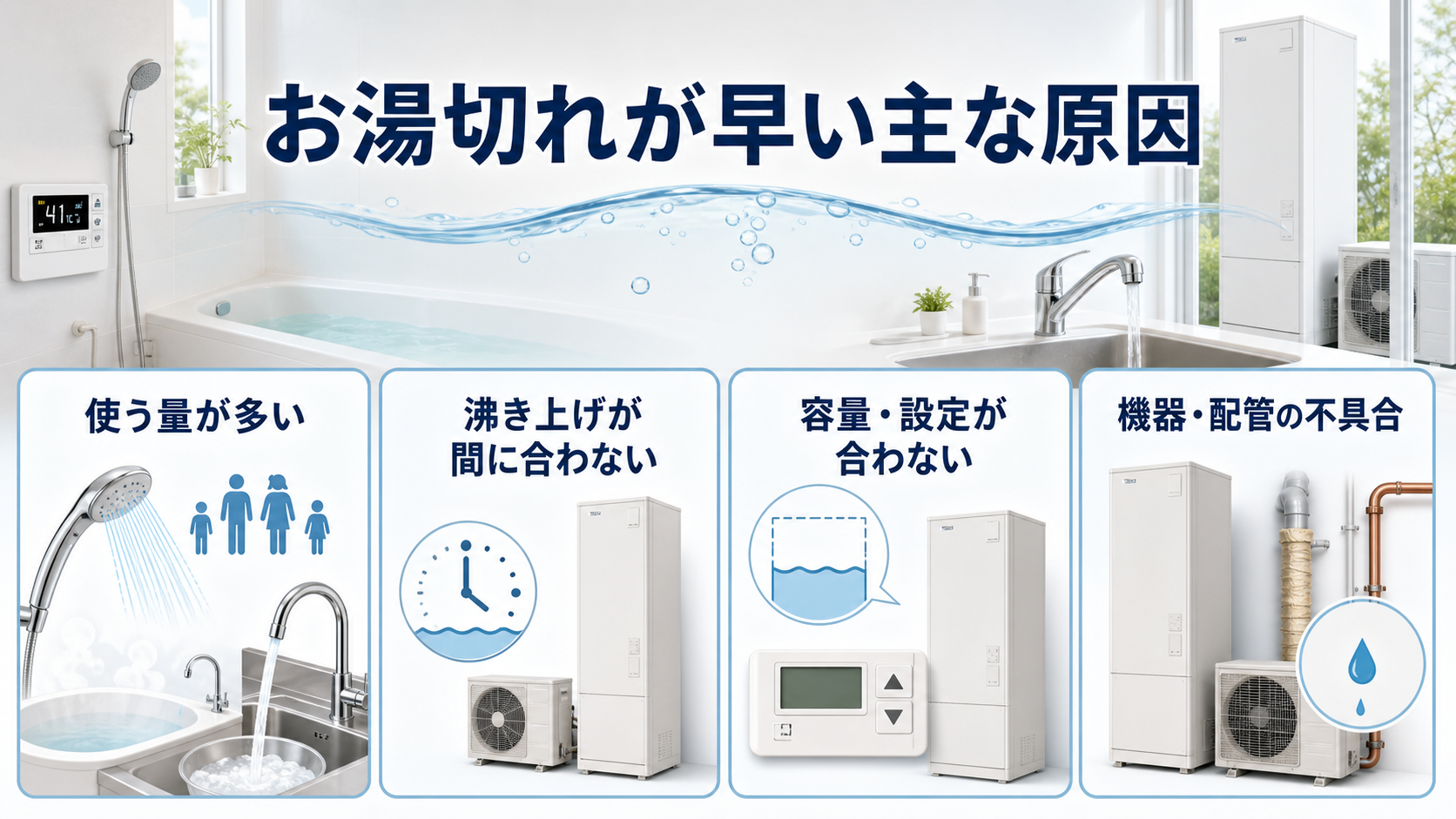 エコキュートのお湯切れが早くなる使用量・沸き上げ・容量設定・機器配管の原因を示す図解