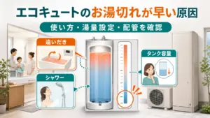 エコキュートのお湯切れが早い原因を使い方・湯量設定・配管に分けて示した図解