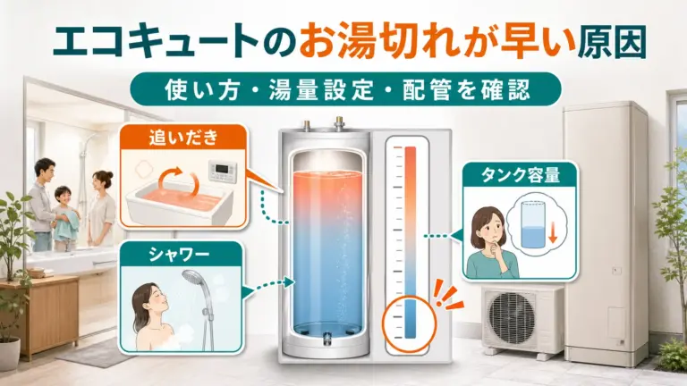 エコキュートのお湯切れが早い原因を使い方・湯量設定・配管に分けて示した図解