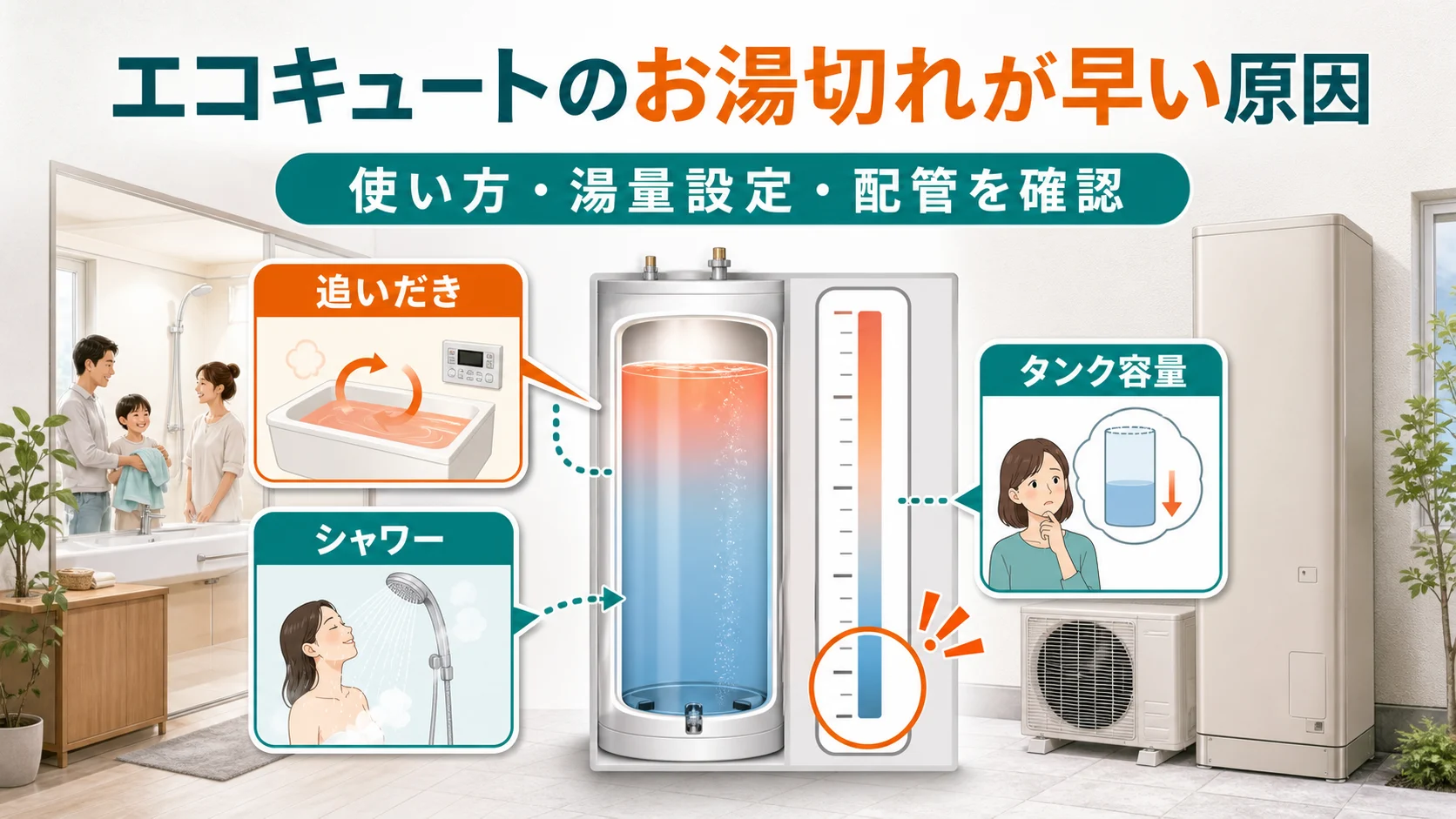 エコキュートのお湯切れが早い原因を使い方・湯量設定・配管に分けて示した図解
