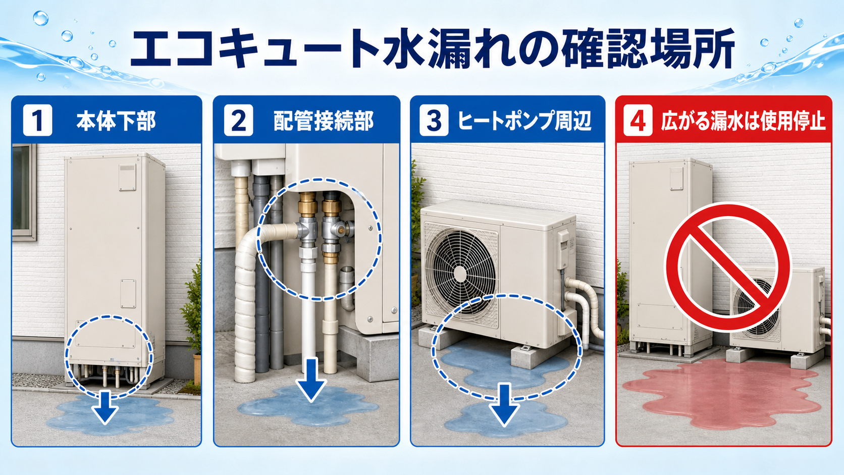 エコキュートの水漏れを確認する場所と使用停止の目安を示した図解