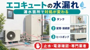 エコキュートのタンク・配管・ヒートポンプの水漏れ箇所を示した図解