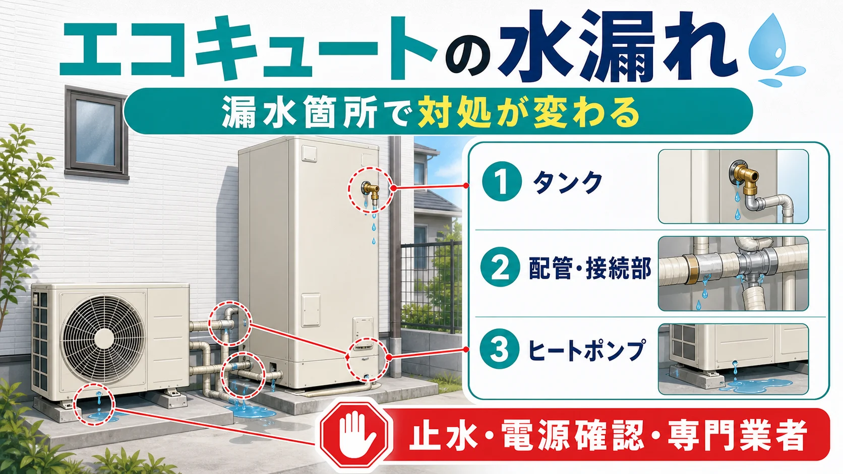 エコキュートのタンク・配管・ヒートポンプの水漏れ箇所を示した図解