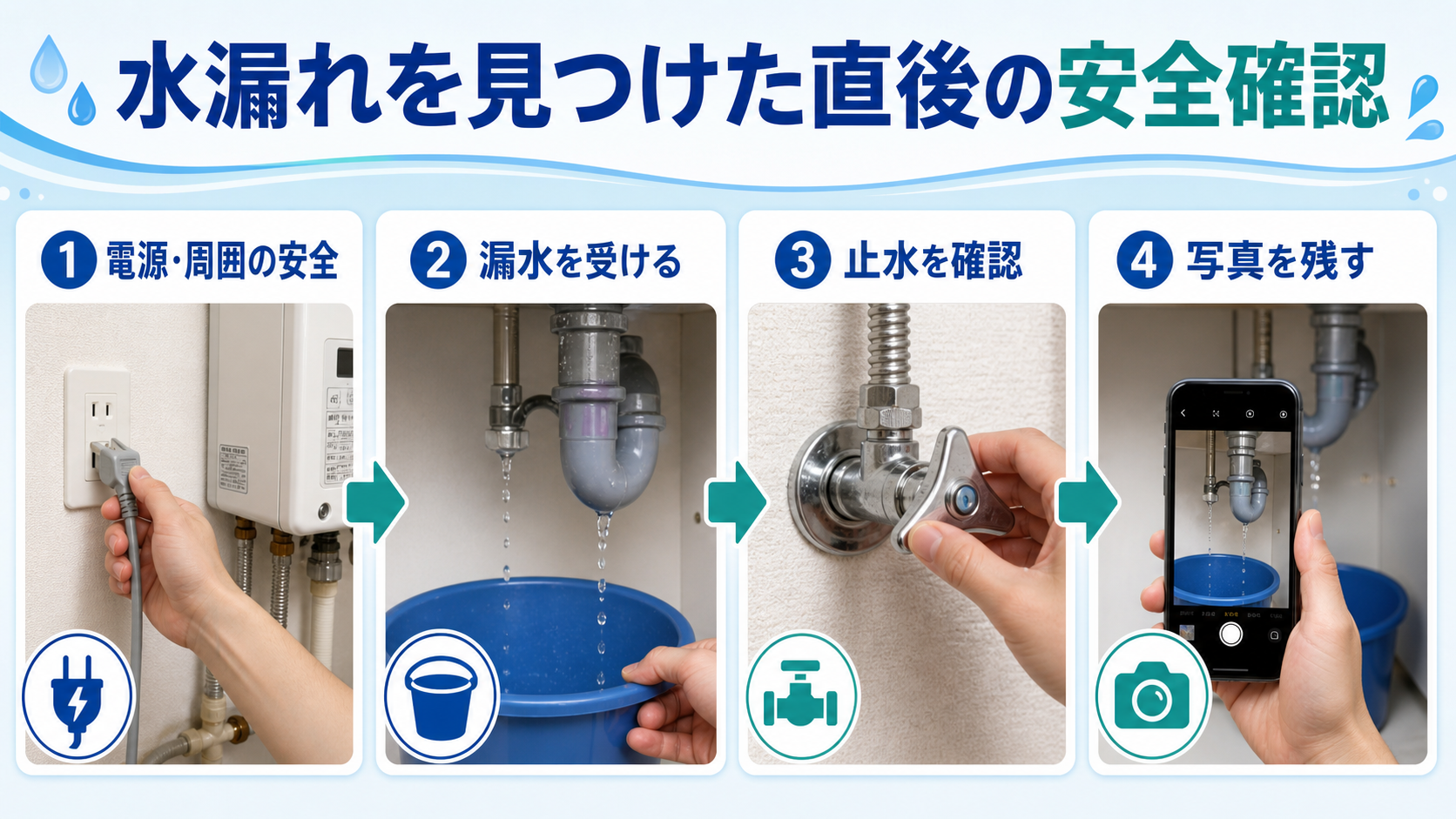 エコキュートの水漏れを見つけた直後に安全確認・漏水を受ける・止水確認・写真記録を行う順番の図解
