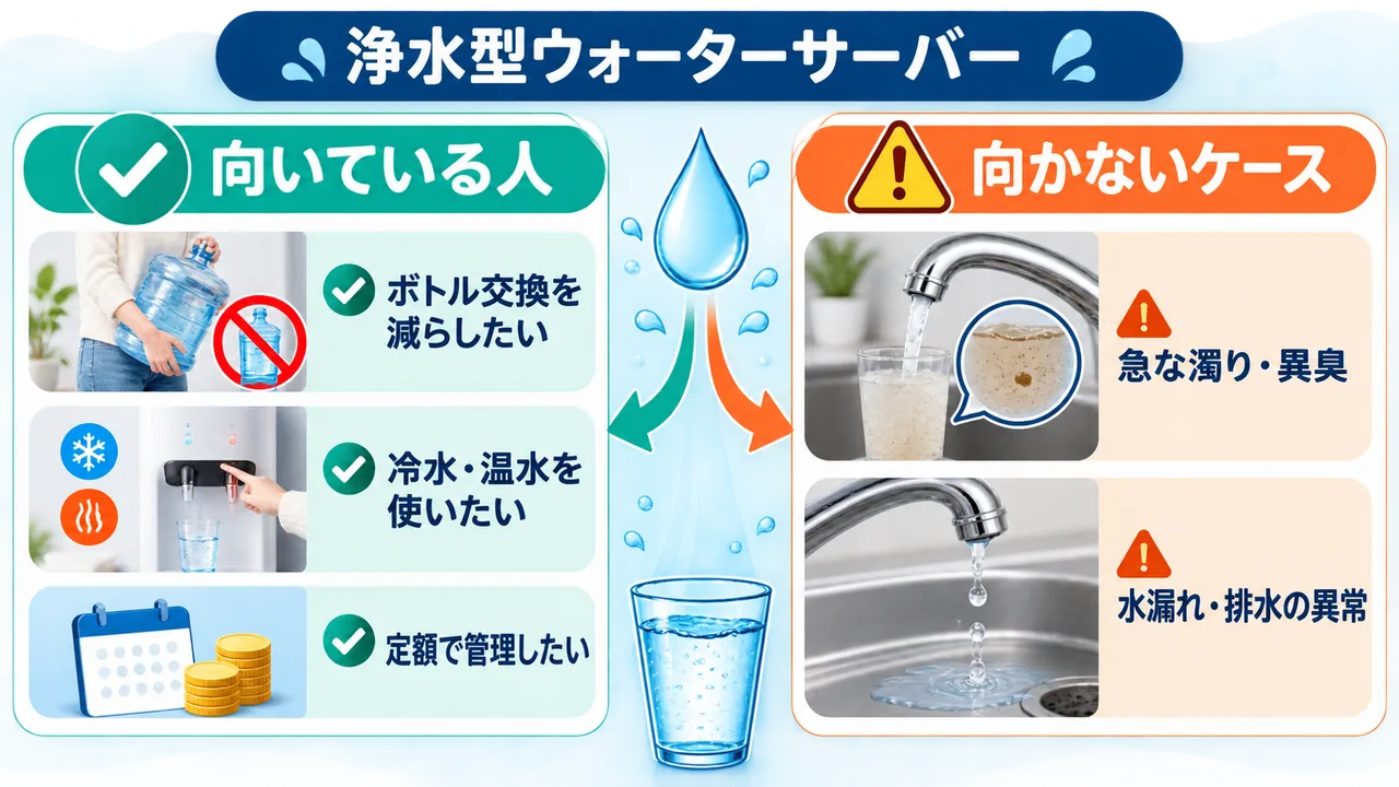 浄水型ウォーターサーバーが向いている人と向かないケース