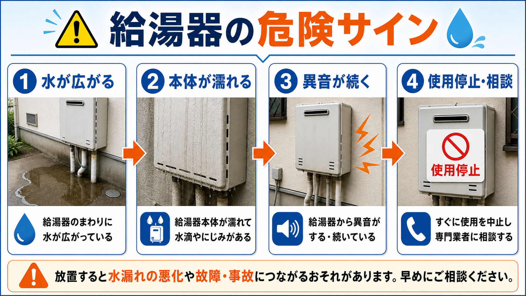 給湯器の周囲に水が広がる・本体が濡れる・異音が続く時の使用停止と相談を示す図解