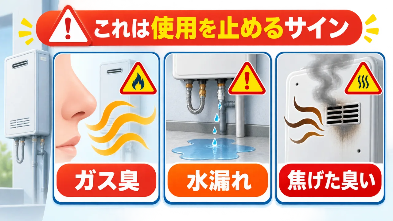 給湯器の使用を止めるサインの図解