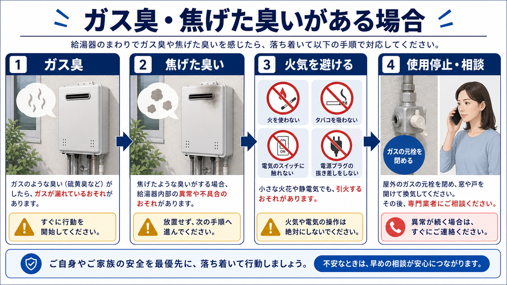 給湯器でガス臭や焦げた臭いを感じた時に火気を避け使用停止して相談する手順の図解