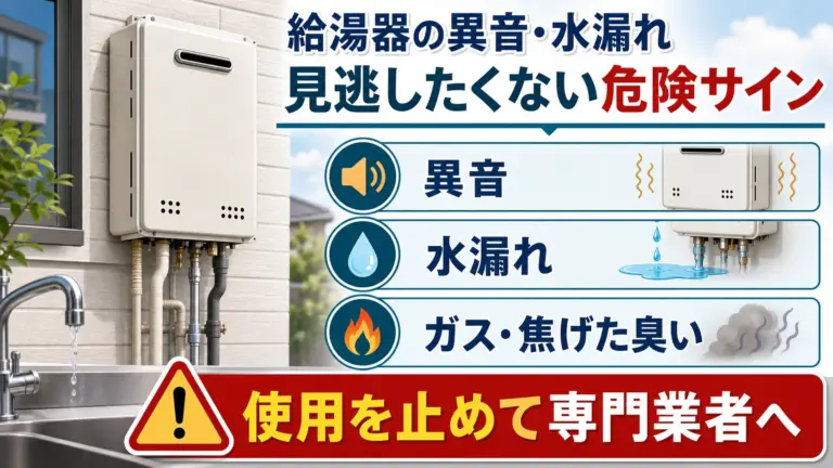 給湯器の異音・水漏れ・ガスや焦げた臭いの危険サインを示した図解