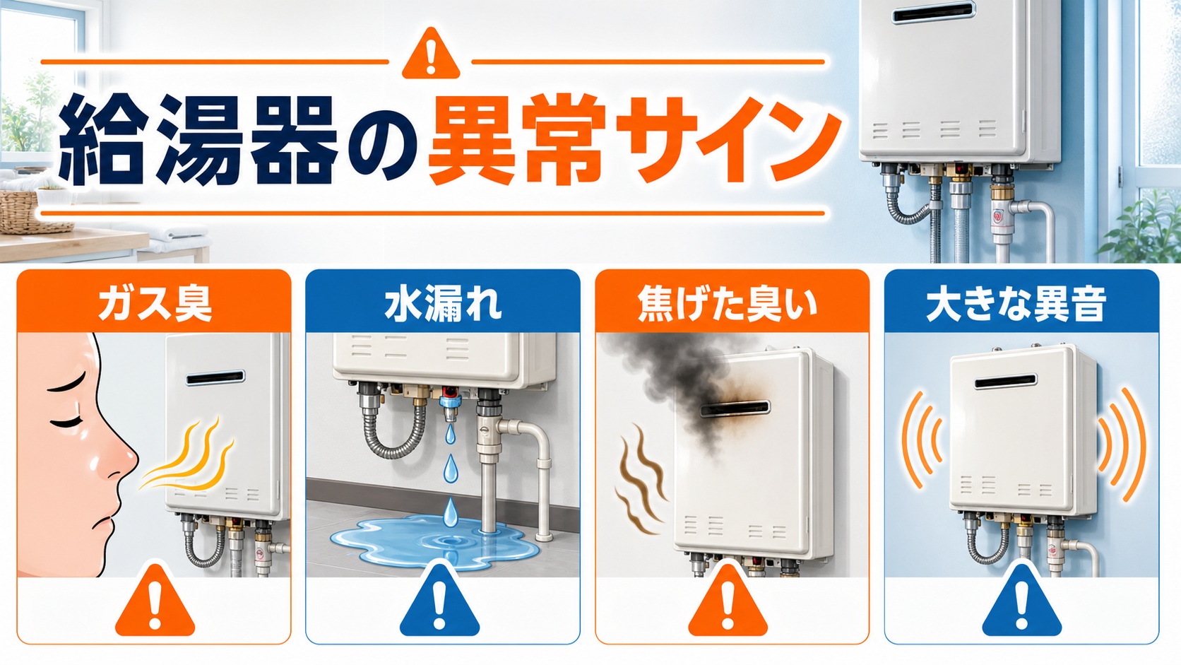 給湯器のガス臭・水漏れ・焦げた臭い・大きな異音を示す図解
