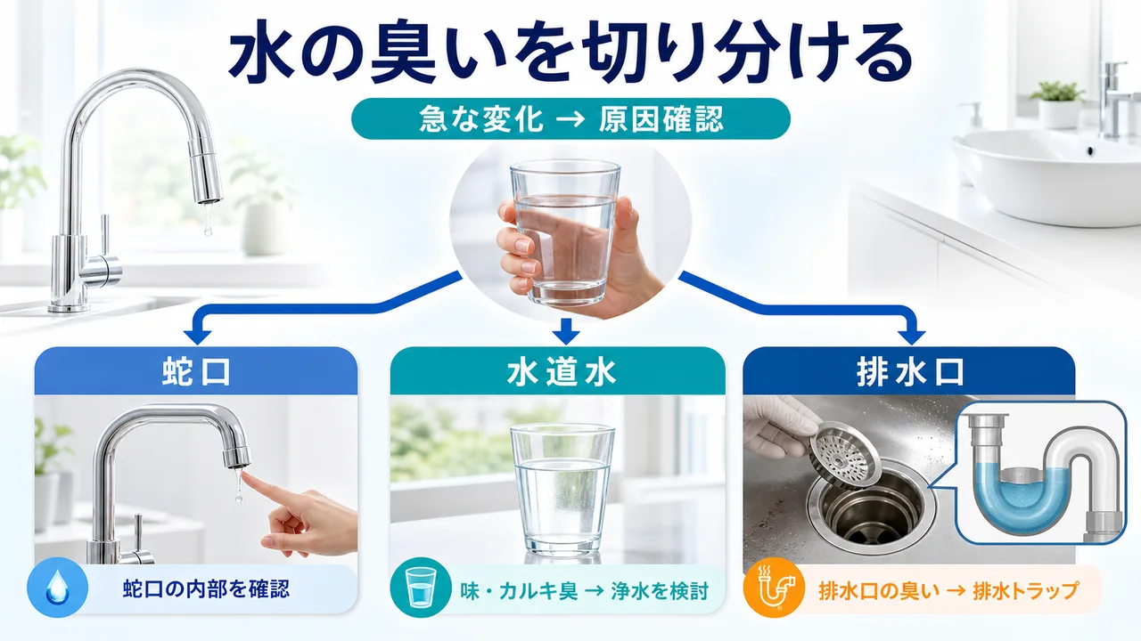 水の臭いを蛇口・水道水・排水口に切り分ける図
