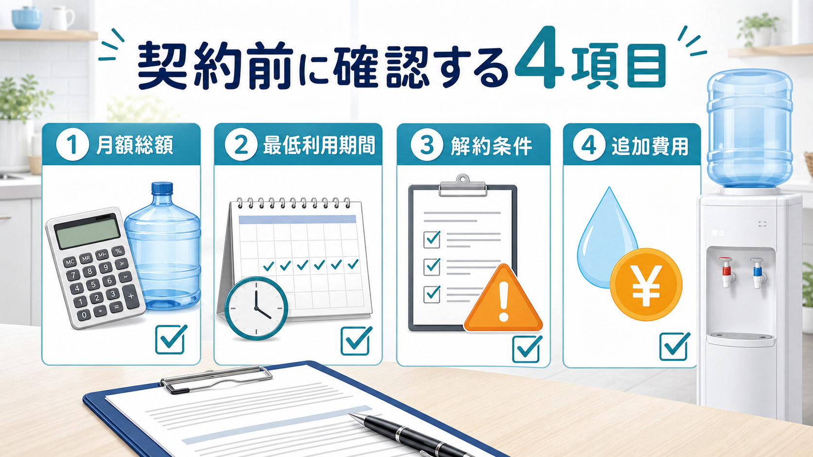ウォーターサーバー契約前に確認する月額総額・最低利用期間・解約条件・追加費用の図解