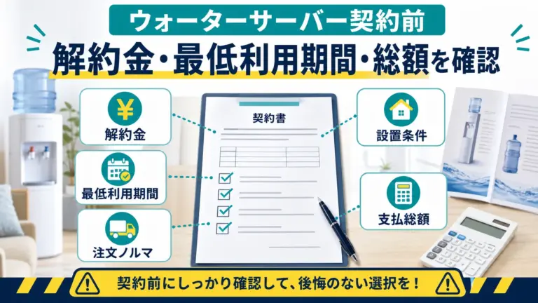 ウォーターサーバー契約前に解約金・最低利用期間・注文ノルマ・設置条件・支払総額を確認する図解