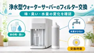 浄水型ウォーターサーバーのフィルター交換を味・臭い・水量で確認する図解