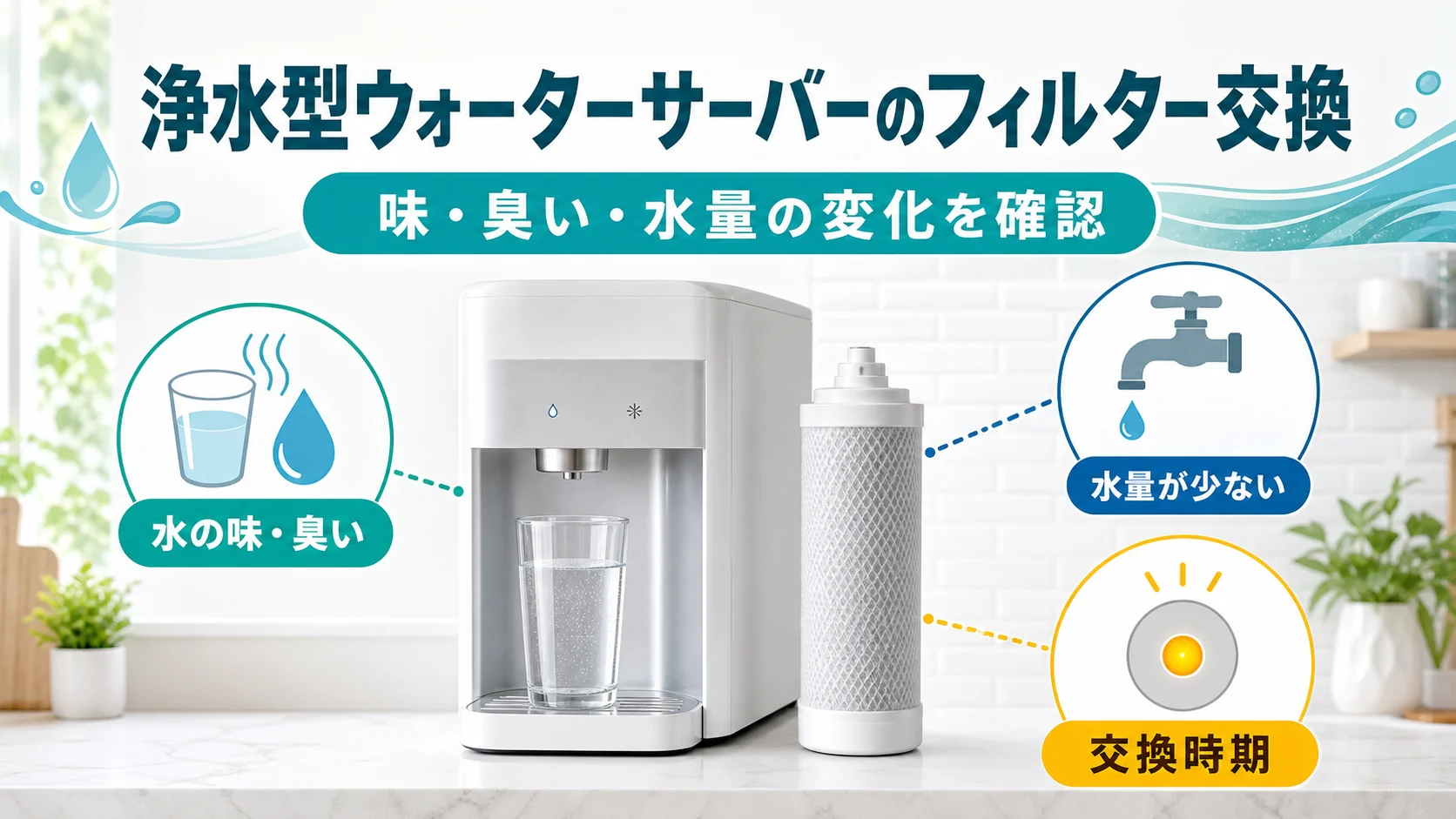 浄水型ウォーターサーバーのフィルター交換を味・臭い・水量で確認する図解