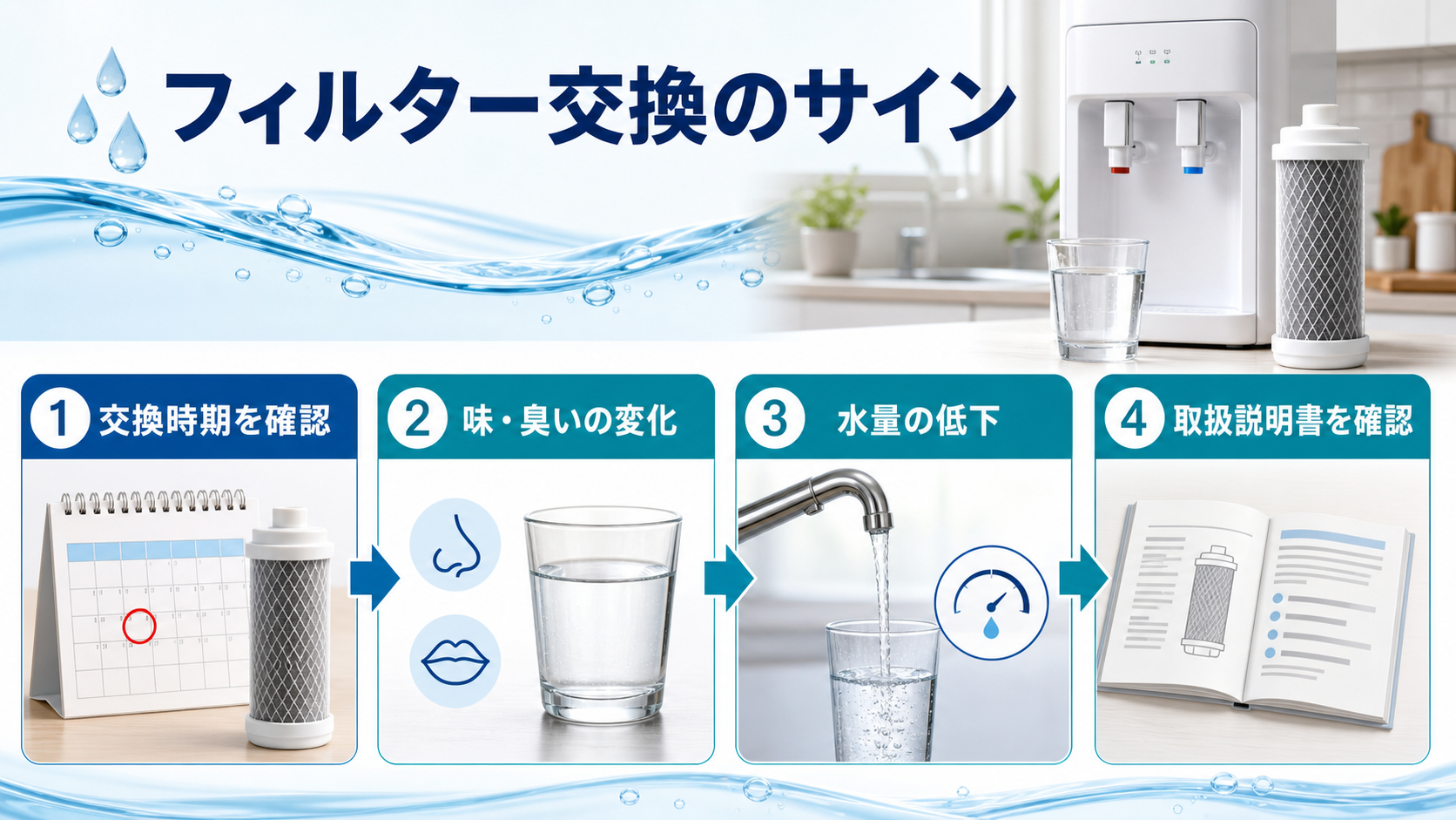 浄水型ウォーターサーバーのフィルター交換サインを示した図解