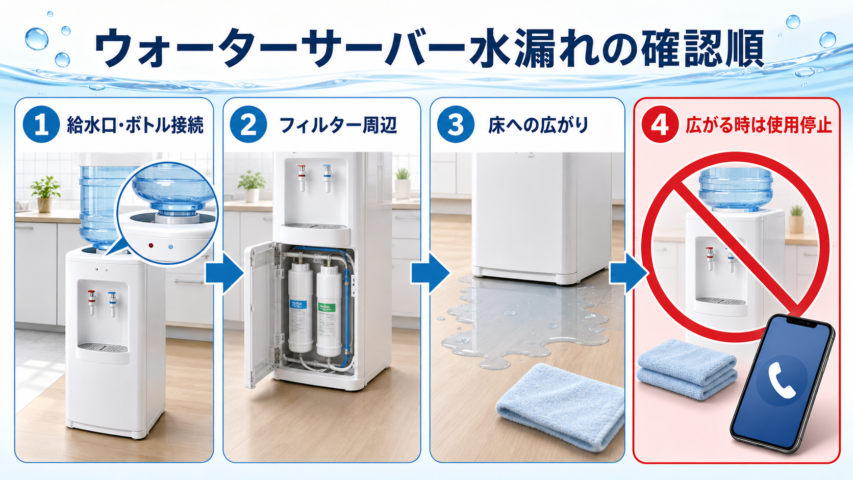 ウォーターサーバーの給水口・フィルター周辺・床への広がりを確認する図解
