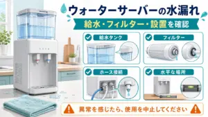 ウォーターサーバーの給水タンク・フィルター・ホース接続・水平設置を確認する図解