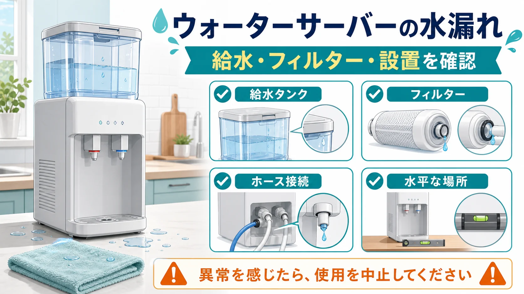 ウォーターサーバーの給水タンク・フィルター・ホース接続・水平設置を確認する図解